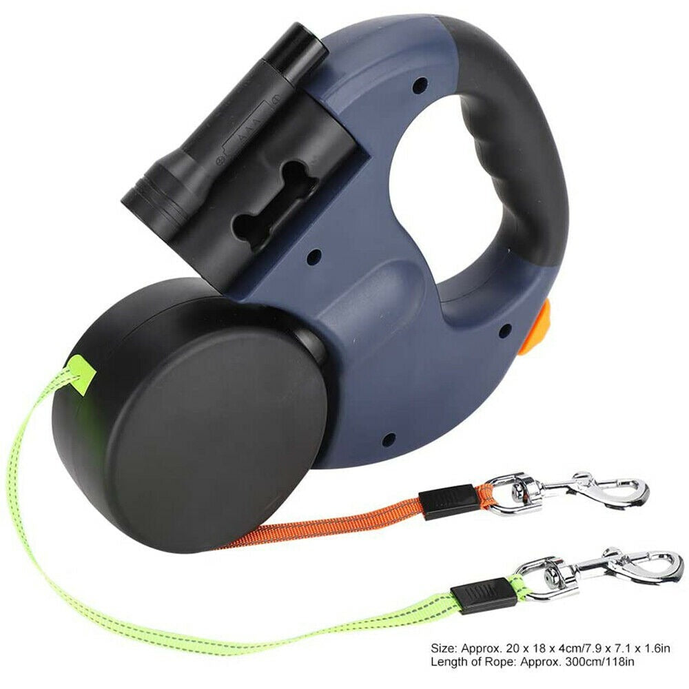 Double Dog Retractable Leash with Reflective Orange and Green Leads, 360-Degree Tangle-Free Dual Dog Walking Leash, Soft Rubber Handle, LED Night Light, 10-Foot Adjustable Lead for Two Dogs Under 25 Pounds