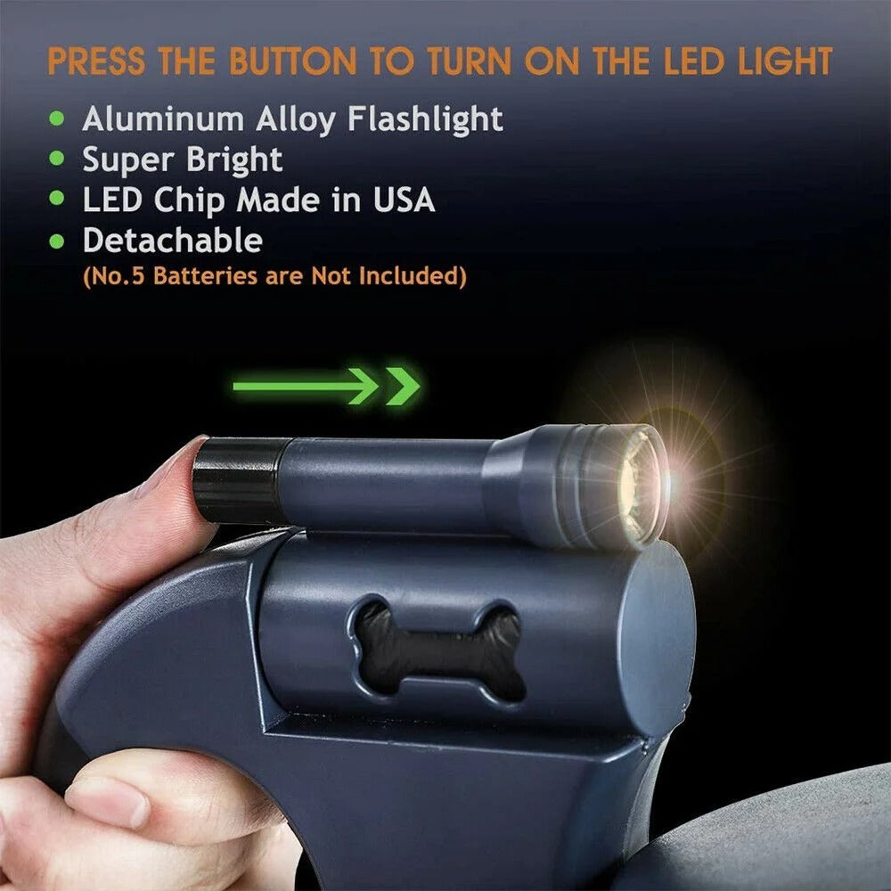 Double Dog Retractable Leash with Reflective Orange and Green Leads, 360-Degree Tangle-Free Dual Dog Walking Leash, Soft Rubber Handle, LED Night Light, 10-Foot Adjustable Lead for Two Dogs Under 25 Pounds