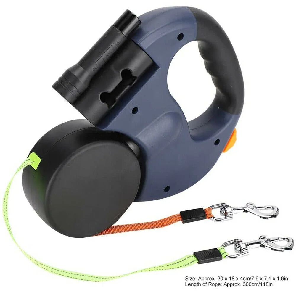 Double Dog Retractable Leash with Reflective Orange and Green Leads, 360-Degree Tangle-Free Dual Dog Walking Leash, Soft Rubber Handle, LED Night Light, 10-Foot Adjustable Lead for Two Dogs Under 25 Pounds
