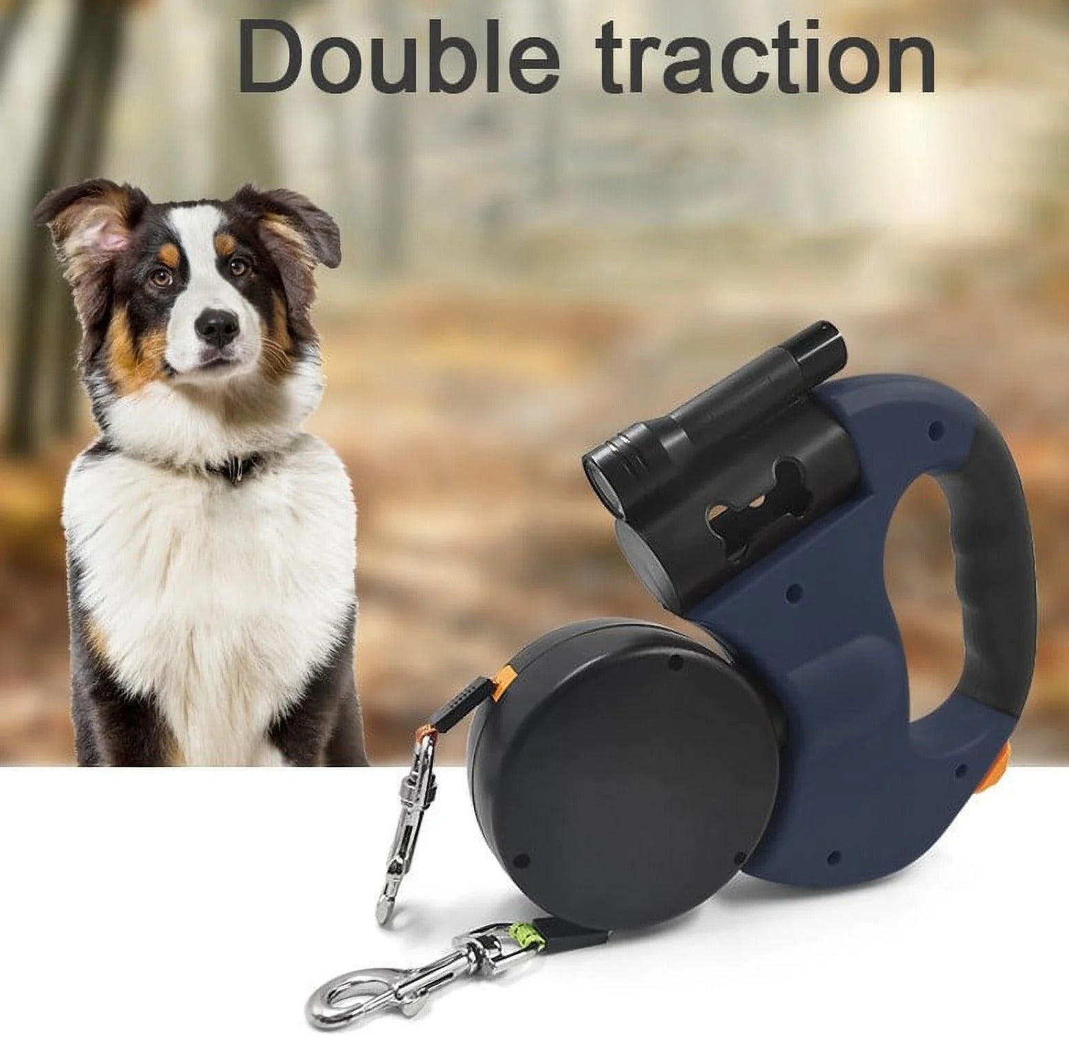 Double Dog Retractable Leash with Reflective Orange and Green Leads, 360-Degree Tangle-Free Dual Dog Walking Leash, Soft Rubber Handle, LED Night Light, 10-Foot Adjustable Lead for Two Dogs Under 25 Pounds